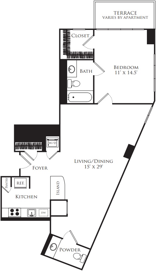 Floor plan A2A, 1 bedroom, 1.5 bathroom